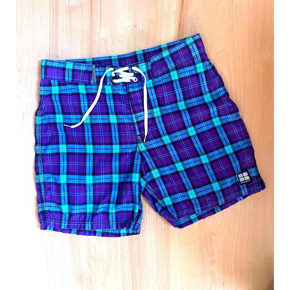Insight Australia Plaid Drawstring Board Shorts Vintage Mens 34 Blue Purple